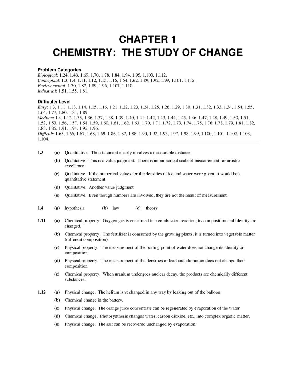 레이먼드 창의 일반화학 솔루션 1장-1 - 1장 일부분 - Chapter 1 Chemistry: The Study Of Change  Problem Categories - Studocu